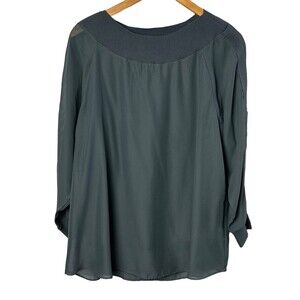 Soft‎ Surroundings Gray Sheer Overlay Knit Trim Long Sleeve Top Size Large